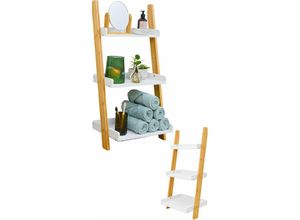 4057216045185 - - 3 Fächer Bambus Leiterregal - 45x90 Badezimmer Regal Holz Leiter Deko Treppe Bad - weiss