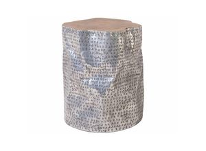 4260580928910 - Beistelltisch Silber mit Braun Teakholz 37 x 46 cm Aluminium Kaffeetisch Multifunktional Zylindrische Form Modern Scandinavien Stil