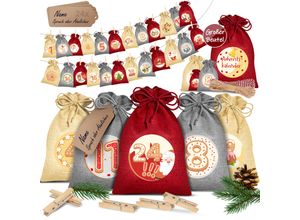 4255598302647 - KESSER® Adventskalender zum Befüllen 24 Jutebeutel Gedruckte Stoffbeutel Kinder Weihnachtskalender zum Selber Befüllen Inkl 24x Schildchen + 1 Großer Aufbewahrungsbeutel Stoff