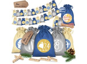 4255598302708 - KESSER® Adventskalender zum Befüllen 24 Jutebeutel Gedruckte Stoffbeutel Kinder Weihnachtskalender zum Selber Befüllen Inkl 24x Schildchen + 1 Großer Aufbewahrungsbeutel Stoff