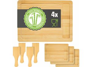 4057216033342 - 4 Personen Raclette Teller Set Holz - 30x22cm Pfännchen Untersetzer mit Spachtel - braun