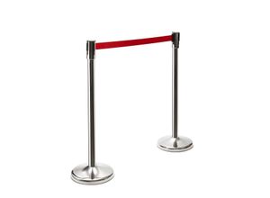 8719979473693 - VEBA Absperrpfost Chrome Edelstahl mit Rot Gurt Absperrlänge 180 cm Füss Ø 32cm Pfost Ø 5cm Höhe