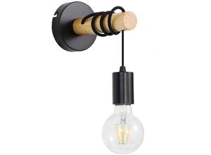 6273997902754 - Wandleuchte aus Holz im Vintage-Stil industrielle Retro-Wandleuchte hängende Wandlampe mit rundem Sockel aus Metall schwarze E27-Wandbeleuchtung