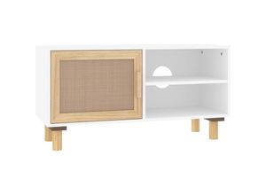 8720287102359 - Bonnevie - TV-SchrankTV-Möbel Weiß 80x30x40 cm Massivholz Kiefer und Natur-Rattan vidaXL