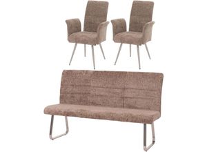 4057651877945 - - Esszimmer-Set 221 2er-Set Stuhl mit Armlehne+Sitzbank 180cm Edelstahl gebürstet Stoff Textil Chenille braun