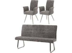 4057651897981 - - Esszimmer-Set 221 2er-Set Stuhl mit Armlehne+Sitzbank 180cm Edelstahl gebürstet Stoff Textil Chenille dunkelgrau