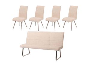 4057651690575 - - Esszimmer-Set 221 4er-Set Stuhl + Sitzbank 180cm Edelstahl gebürstet Stoff Textil Chenille creme