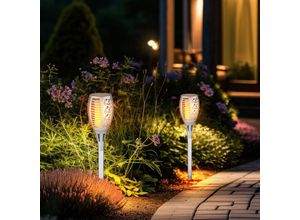 9007371500703 - - Solarlampen für außen Garten Steckleuchte Flammeneffekt IP44 Akku Solarleuchten Garten Kunststoff silber 1x led 3000K DxH 10x58cm 2er Set