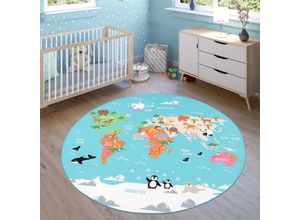 4061981082016 - Paco Home Kinder-Teppich Für Kinderzimmer Spiel-Teppich Weltkarte Mit Tieren In Türkis Ø 160 cm Rund