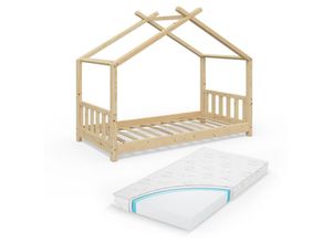 4251421942530 - VITALISPA Kinderbett Hausbett DESIGN 80x160cm Natur Zaun Kinder Holz Haus Hausbett mit Matratze