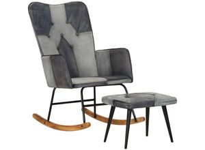 8720286772447 - Bonnevie - SchaukelstuhlRelaxsessel mit Hocker Grau Echtleder und Canvas vidaXL