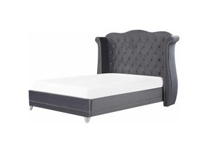 4251682225274 - Beliani - Bett Grau Samtstoff 160 x 200 cm hohes Kopfteil mit Knopfheftung Nieten Chesterfield Stil Glamour Doppelbett Königsbett Ehebett Schlafzimmer