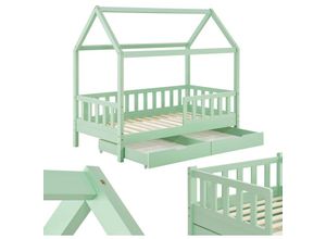 4260565527480 - Kinderbett Marli 80 x 160 cm mit Bettkasten 2-teilig Rausfallschutz Lattenrost & Dach - Massivholz Hausbett für Kinder - Bett in Mint - Juskys