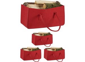 4052025296148 - Relaxdays - 4 x Kaminholztasche aus Filz tragbarer Feuerholzkorb faltbarer Zeitungshalter HxBxT 25 x 25 x 50 cm Filztasche rot