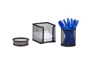 4052025953034 - Relaxdays Schreibtisch Organizer 3er Set Metall Schreibtisch-Set Büroset Mesh Zettelbox zwei Köcher schwarz