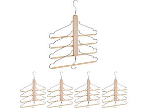 4052025284213 - Relaxdays - 5 x Mehrfachkleiderbügel im Set Halter mit 20 beweglichen Bügeln Schrank-Organizer mit Metallhaken Lotusholz natur