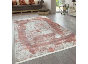 4061981075537 - Kurzflor Teppich Rot Beige Wohnzimmer Abstraktes Karo Design Used Look Viereck 120x170 cm - Paco Home