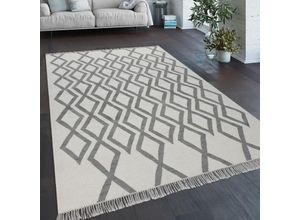 4061981120510 - Teppich Wohnzimmer Boho Stil Fransen Handgewebt Woll-Baumwoll Gemisch Grau Creme 120x170 cm - Paco Home 4061981120510 - Teppich Wohnzimmer Boho Stil Fransen Handgewebt Woll-Baumwoll Gemisch Grau Creme 120x170 cm - Paco Home