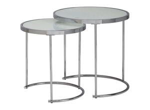 4250950293250 - Design Beistelltisch Rund ø 50 42 cm - 2 teilig Weiß Silber mit Glasplatte Wohnzimmertisch 2er Set Satztisch Milchglas Couchtisch - Finebuy