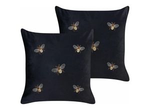 4255664822277 - Beliani - Dekokissen 2er Set Schwarz Samtstoff 45 x 45 cm Quadratisch mit Stickerei Bienenmotiv Reißverschluss Modern Glam Wohnzimmer Schlafzimmer