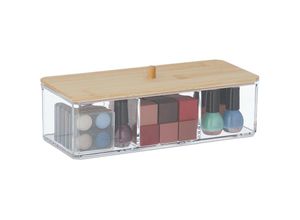 4052025430368 - Make Up Organizer mit Bambusdeckel 3 Fächer Kunststoff Aufbewahrung Haargummis Kosmetik transparent natur - Relaxdays