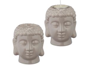 4052025489571 - 2 x Buddha Teelichthalter Keramik Buddha-Kopf für Teelicht Zen-Deko für Wohnzimmer & Bad Feng Shui Deko grau