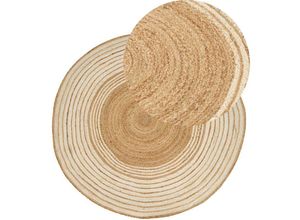 4255664845221 - Teppich Beige   Cremeweiß Jute und Baumwolle Rund ⌀ 140 cm Kurzflor mit Kreisen Handgewebt Boho für Fußbodenheizung Flur Wohnzimmer Esszimmer