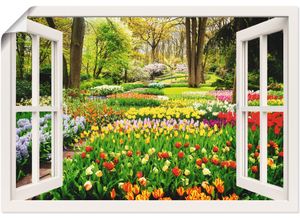 4062144722541 - Wandbild ARTLAND Fensterblick Tulpen Garten Frühling Bilder Gr B H 130 cm x 90 cm Poster Fensterblick Querformat 1 St bunt Kunstdrucke als Alubild Leinwandbild Wandaufkleber oder Poster in versch Größen