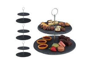 4052025372491 - Relaxdays - 4 x Etagere mit 2 Etagen Schiefer Kuchen Snacks Obst Metallgriff Servierständer HxD 23 x 25 cm anthrazit silber