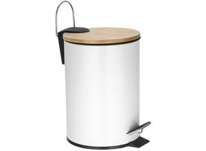 5410329760519 - Kosmetik Eimer Tretmülleimer 3 Liter Bambusdeckel Edelstahl Weiß ø 17cm