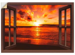 4057738620433 - Wandbild ARTLAND Fensterblick Sonnenuntergang am Strand Bilder Gr B H 130 cm x 90 cm Wandaufkleber - Vinyl Fensterblick Querformat 1 St braun Bild Leinwandbild Kunstdrucke Bilder als Leinwandbild Wandaufkleber oder Poster in versch Größen