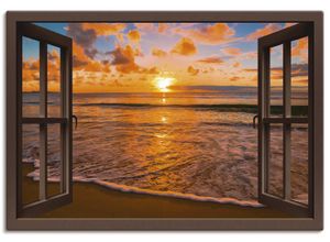 4058661278296 - Wandbild ARTLAND Fensterblick Sonnenuntergang am Strand Bilder Gr B H 130 cm x 90 cm Poster Sonnenaufgang & -untergang Querformat 1 St braun Bild Leinwandbild Kunstdrucke Bilder als Leinwandbild Wandaufkleber oder Poster in versch Größen