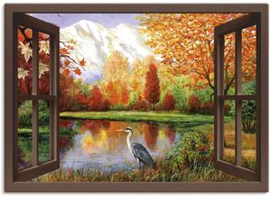 4059745218542 - Wandbild ARTLAND Herbst am See Ausblick Bilder Gr B H 70 cm x 50 cm Leinwandbild Fensterblick Querformat 1 St braun Kunstdrucke als Leinwandbild Wandaufkleber oder Poster in versch Größen