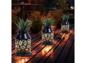 4059157385184 - Etc-shop - Solarlampen für Außen Balkon Deko Muster Gartendeko Metall Solarlaterne hängend Pflanzgefäß schwarz led DxH 10x16 cm 3er Set