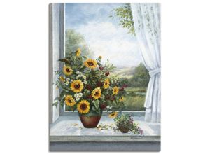 4055327155175 - Wandbild ARTLAND Sonnenblumen am Fenster Bilder Gr B H 60 cm x 80 cm Leinwandbild Arrangements 1 St blau Bild Poster Bilder als Alubild Leinwandbild Wandaufkleber oder in versch Größen