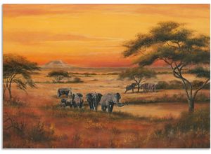 4057738425526 - Wandbild ARTLAND Afrika Elefanten Bilder Gr B H 70 cm x 50 cm Alu-Dibond-Druck Afrika 1 St orange Bild Metallbild Metallbilder Bilder als Alubild Leinwandbild Wandaufkleber oder Poster in versch Größen