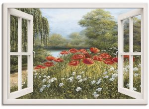 4059745627221 - Wandbild ARTLAND Fensterblick Mohnwiese Bilder Gr B H 70 cm x 50 cm Leinwandbild Fensterblick 1 St grün Bild Poster Bilder als Leinwandbild Wandaufkleber oder in versch Größen