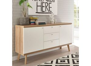 4251581524904 - Wohnzimmer Sideboard MAINZ-61 Retro skandinavisch weiß matt mit Eiche Riviera Nb b h t ca 160x83x40cm - braun