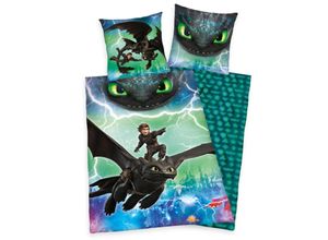 4006891925602 - Wende-Kinderbettwäsche Dragons 3 Glow in the dark Renforcé grün blau 135 x 200 + 80 x 80 cm blau grün