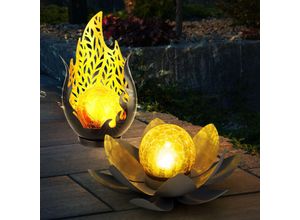 9007371492565 - Solarleuchte Flammen Design Außen Solarblume Aussen Lotusblume Solar Crackle Glas grau LED Leuchtmittel 1x Lotusblume 1x Flammen Design 2er Set