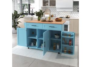 4931279628342 - Redom - Großer Esszimmerwagen Sideboard 129 x 46 (71) x 915 cm Arbeitsplatte mit Massivholzmaserung + blauer