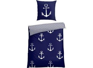 4251806400730 - Wendebettwäsche SCHIESSER Marina aus weicher Baumwolle im maritimen Look Bettwäsche Gr B L 155 cm x 220 cm (1 St) B L 80 cm x 80 cm (1 St) Renforcé blau (marine weiß) Renforcé-Bettwäsche MADE IN GREEN by OEKO-TEX-zertifiziert