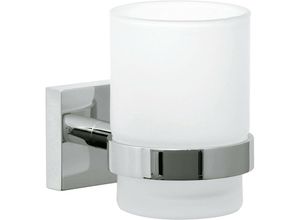 4042448447555 - Ekkro Zahnputzbecher mit Halterung - Becher aus satiniertem Glas verchromte Wandhalterung - zur Wandbefestigung ohne Bohren inkl Klebelösung - 109