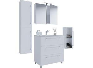 4051814381829 - 5-tlg Stand-Waschplatz Badinos 3 Schubfächer 80 cm Mit Spiegelschrank + Midi- Hochschrank Weiß