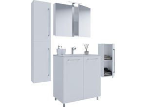 4051814382062 - 5-tlg Stand-Waschplatz Badinos 2 Drehtüren 80 cm Mit Spiegelschrank + Midi- Hochschrank Weiß