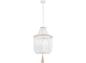 5056667050365 - Privatefloor - Holzball-Deckenlampe - Pendelleuchte im Boho-Bali-Stil - Lawan Weiß - Kabel Metall Holz - Weiß