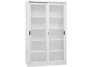 4260090178003 - Schiebetürenschrank 5 Ordnerhöhen 4 höhenverstellbare Fachböden Glastüren abschließbar B 1200 x T 450 mm x H 1950 mm Stahl lichtgrau RAL 7035