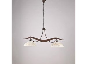 8057724580853 - Lampadario in ferro laccato nero con decorazione effetto ruggine e diffusori in vetro diametro 30 bianchi e ambra 2 luci H46 - MAX 106 - L 89 X 30