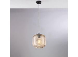 8057724580709 - Sospensione in ferro laccato nero con cavo elettrico regolabile e diffusore in vetro soffiato ambra con decoro rigatura in rilievo 1 luce H25 - MAX