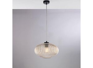 8057724580785 - Sospensione in ferro laccato nero con cavo elettrico regolabile e diffusore in vetro soffiato ambra con decoro rigatura in rilievo 1 luce H23 - MAX